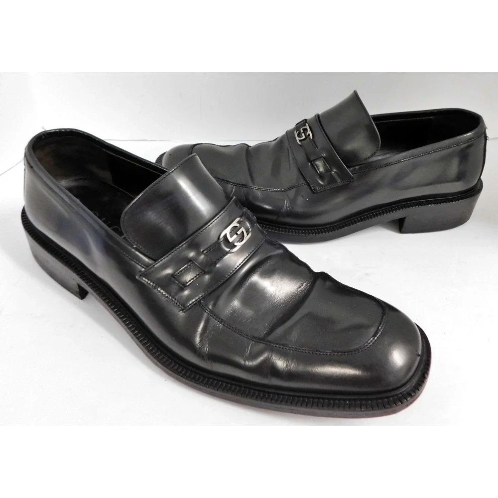 GUCCI Loafer Interlocking G Black Leather Men's Shoes Size US 11.5 D